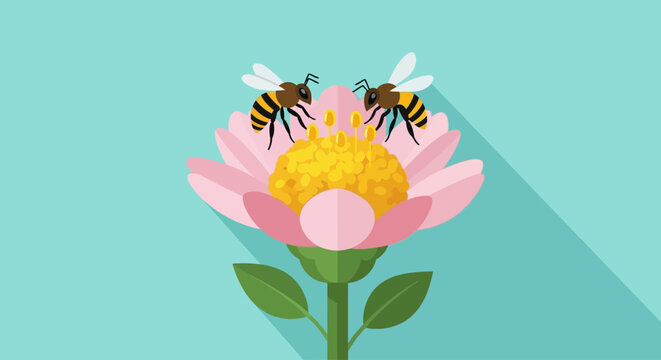 Flat design illustration of two honey bees pollinating a pink flower