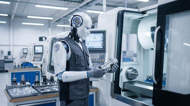 AI Robot CNC Machine Operator in Smart Manufacturing Factory