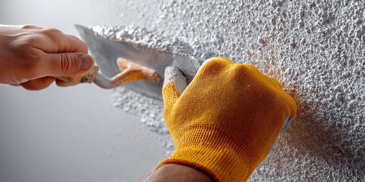 Close-up of a gloved hand using a trowel to apply textured plaster to a wall