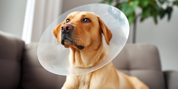 Golden retriever dog wearing a protective e-collar collar after surgery