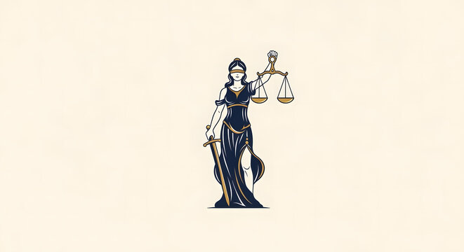Lady justice statue icon, themis with scales and sword, symbol of law and justice, minimalist vector illustration