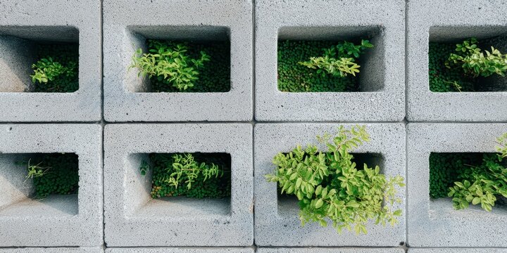 Gray Concrete Blocks With Small Green Plants Growing Through Square Openings Top Down View