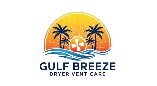 Gulf breeze dryer vent care logo design with palm trees, sun, and ventilation fan icon isolated on white background