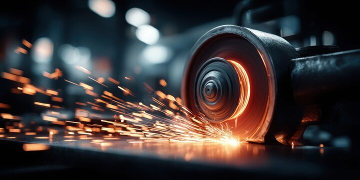 Close-up of a grinding wheel creating bright sparks against a dark industrial background