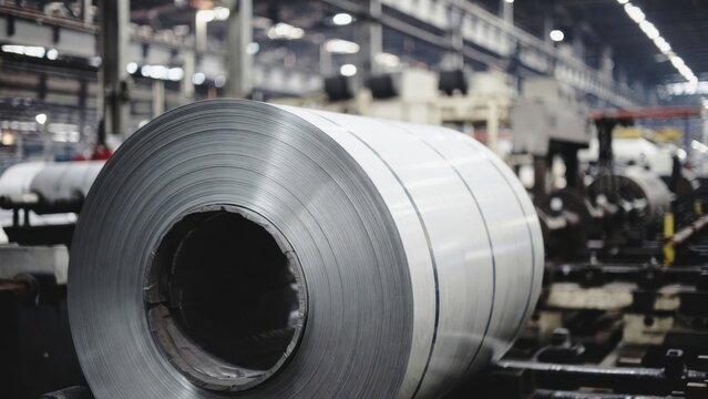 Large steel coil roll in industrial manufacturing plant interior