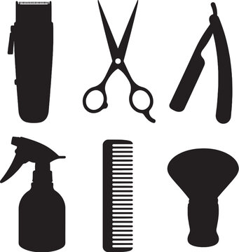 Barber tools silhouettes set clipper scissors razor spray comb brush vector bundle