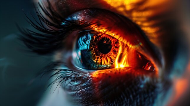 Human eye merged with abstract fire and heat wave representing autoimmune inflammation, dramatic dark background, orange and red glowing tones