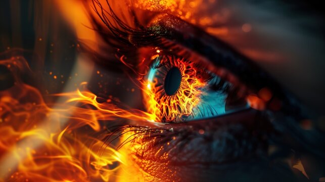 Human eye merged with abstract fire and heat wave representing autoimmune inflammation, dramatic dark background, orange and red glowing tones