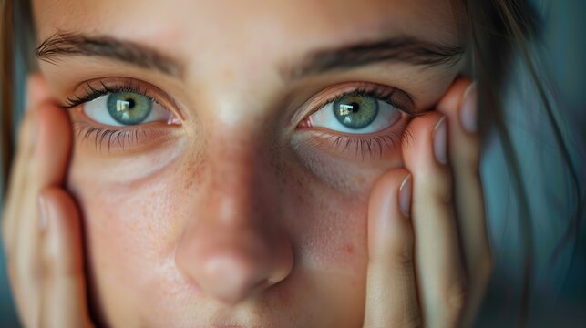 Young woman holding her painful eye with both hands, suffering from autoimmune uveitis flare-up, emotional close-up portrait,