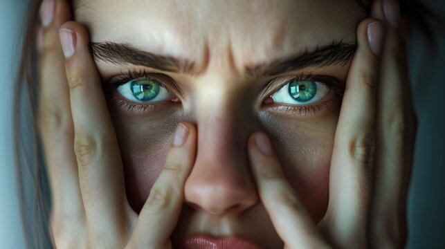 Young woman holding her painful eye with both hands, suffering from autoimmune uveitis flare-up, emotional close-up portrait,