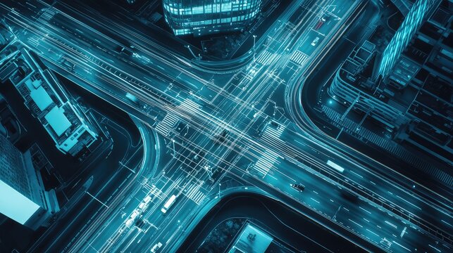 Global city infrastructure at night featuring illuminated streets, bustling traffic, and buildings, representing modern connectivity, smart technology, and bright urban life
