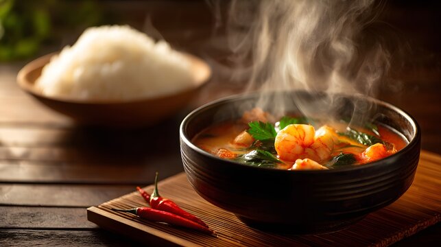 Bowl of tom yum soup with shrimp served with rice and herbs on wooden table.