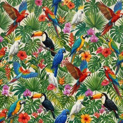 Obraz premium Brightly Colored Parrots and Toucans Among Palm Leaves and Flowers in a Lush Tropical Setting Filled With Various Birds