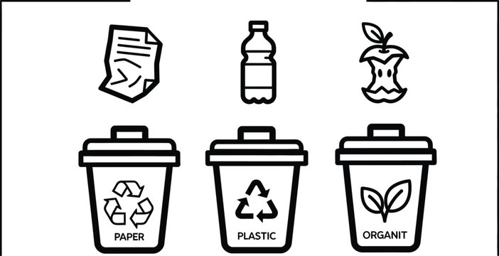 Recycling Bins Icons: Paper, Plastic, Organic Waste - Line Art Vector