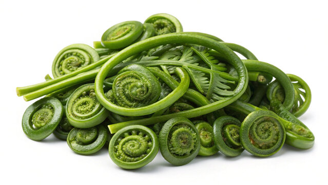 Heap of green fiddlehead ferns isolated edible spring vegetable
