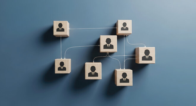 Wooden blocks with person icons connected by strings represent a network or team collaboration on a blue background