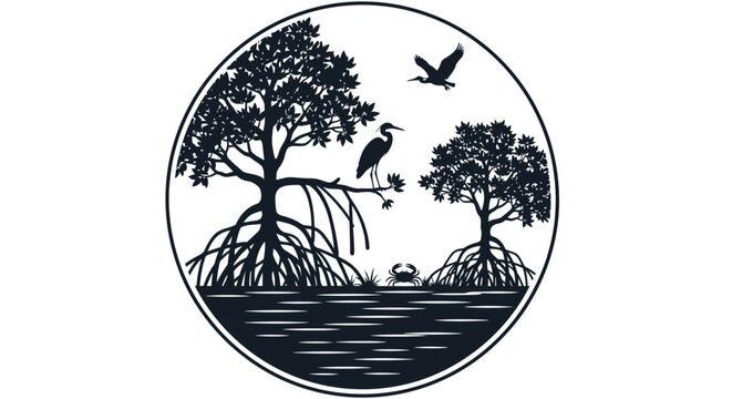 Black and white illustration trees water.