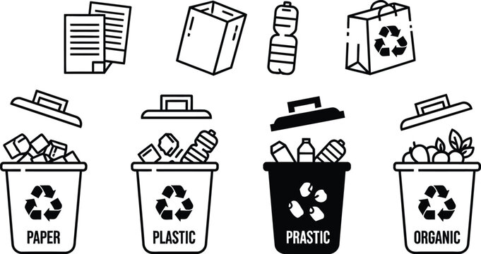 Recycling bins with different waste types: paper, plastic, organic. Icons for waste sorting.