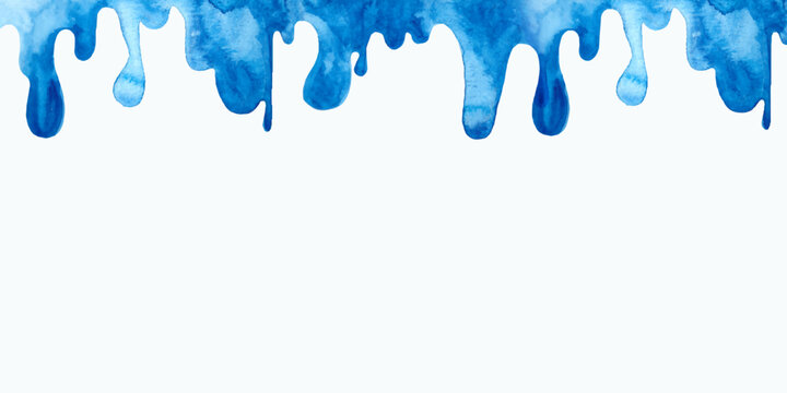 Abstract Blue Watercolor Dripping Border Background Vector Illustration. Hand painted ink splashes and water drops on white backdrop. Perfect for winter headers, frosty designs and banners