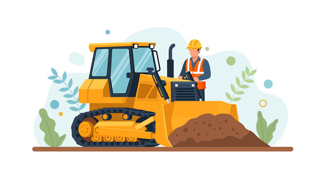Construction worker operating a yellow bulldozer pushing dirt.