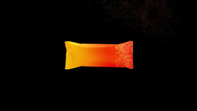 A glowing snack mockup orange and red rectangular object emits light against a dark background.