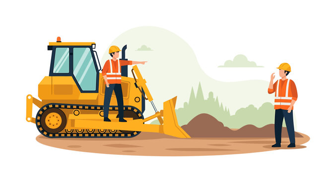 Construction workers operating a bulldozer on a site.