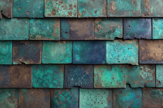 Oxidized copper roof tiles with heavy green and blue patina texture.