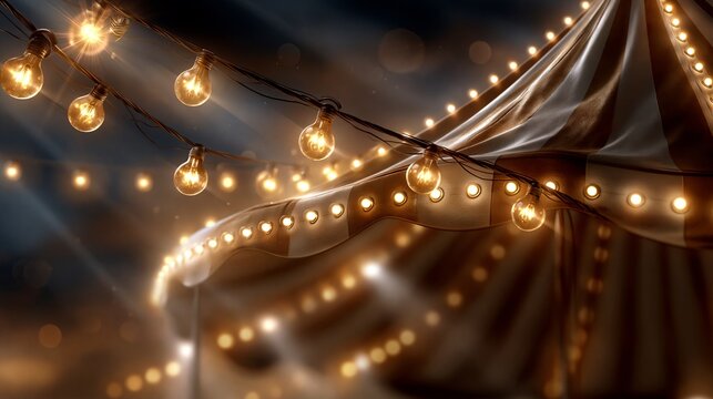 Festive carnival tent with illuminated string lights creating a vibrant atmosphere, showcasing a striped canopy and glowing bulbs against a dark background