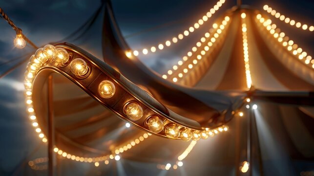 Decorative string lights illuminate a vintage circus tent with colorful fabric and glowing bulbs creating a festive atmosphere during nighttime events