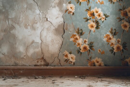 Peeling floral wallpaper revealing cracked bare concrete wall underneath.