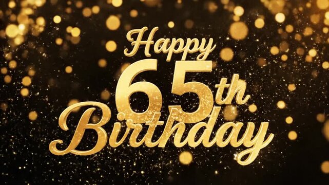 A vibrant, celebratory graphic features "Happy 65th Birthday" in sparkling golden text, set against a black background with shimmering gold lights.