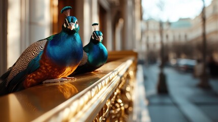 Naklejka premium Two vibrant peacocks perched elegantly on a railing, showcasing their stunning feathers and regal presence, symbolizing beauty and grace in an urban setting.