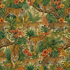 Obraz premium Big Cats Roam in a Vibrant Jungle Filled With Tropical Plants and Flowers During Daylight