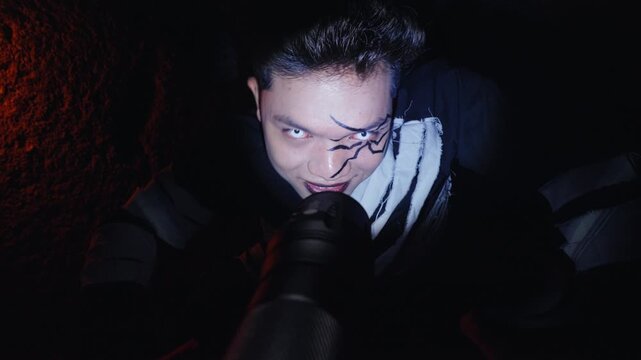 Unstable Man with Spider Makeup in POV Horror Scene