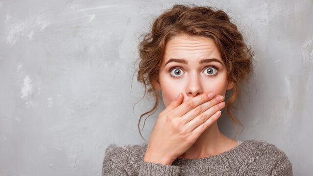 Young woman with a look of shock and surprise, covering her mouth with her hand, expressing disbelief and unexpected emotion against a gray background.
