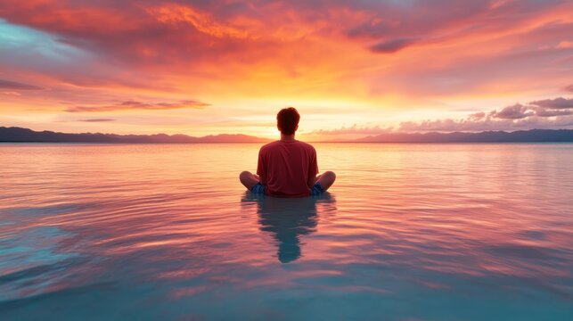 A silhouette of a person meditating serenely at the edge of the calm sea during a breathtaking sunset, embodying tranquility and self-reflection amid vibrant colors.
