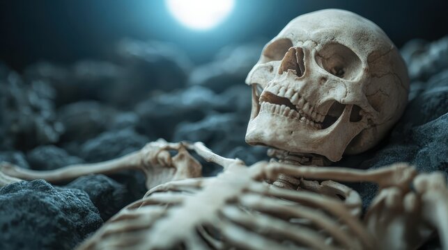 A cheerful skeleton lies on a rocky surface, smiling under a dim light, representing the themes of life, death, and the humorous side of existence in a surreal environment.