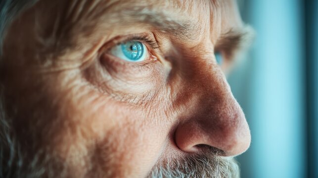 A close-up of an elderly man's face highlighting his striking blue eyes, conveying profound wisdom, experience, and reflection in a relatable human moment.