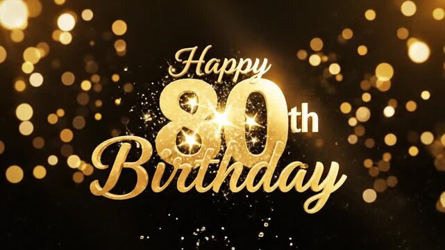 A vibrant, celebratory graphic features "Happy 80th Birthday" in sparkling golden text, set against a black background with shimmering gold lights.