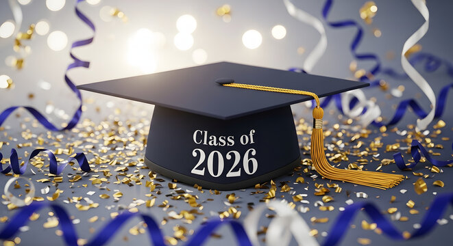 Graduation Cap for Class of 2026 with Gold Tassel and Festive Confetti Background