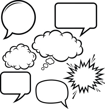 Set of six comic book speech bubbles and thought clouds with thick black outlines and white fills isolated on white background for dialogue and comic
