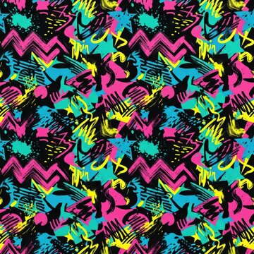 Design Features Colorful Repeating Pattern With Various Shapes and Lines Suitable for Creative Projects or Fashion Items