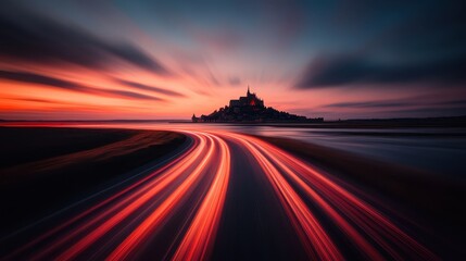 Obraz premium A breathtaking view of a historic castle at sunset creates a dramatic silhouette against a vibrant sky, showcasing the allure of architectural beauty in nature's canvas.