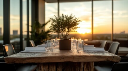 Fototapeta premium A beautifully set dining table with a centerpiece of greenery, basking in the soft glow of a sunset, creating an inviting atmosphere for a meal.