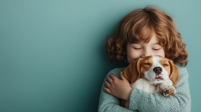 A cheerful child with curly hair joyfully hugs a beagle puppy, showcasing the bond between children and pets, filled with love and warmth, set against a pastel background.