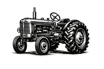 Obraz premium Vintage tractor illustration in black and white with large rear wheel