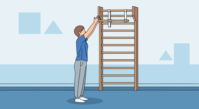 Child doing pull-ups on a wall-mounted ladder in a gym, promoting physical fitness and strength.