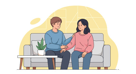 Fototapeta premium Couple Sitting On Sofa, Comforting Each Other With Gentle Touch And Supportive Gesture