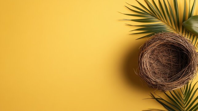 The image displays an empty bird nest made of twigs and grass, symbolizing nature's beauty and fragility, set against a vibrant yellow background adorned with tropical leaves.