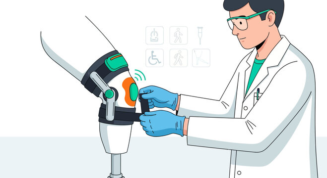 Doctor Adjusts Advanced Prosthetic Knee With Smart Technology and Icons